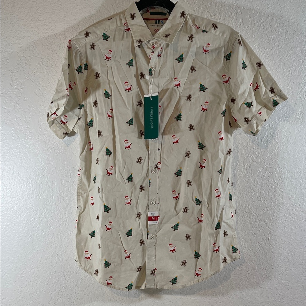 Denim & Flower Christmas Shirt Men's Sz M Short Sleeve Button Up Off White NEW
